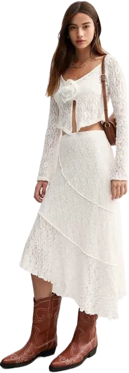 White Lace Asymmetric Midi Skirt