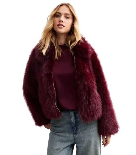 Burgundy Faux Fur Zipped Jacket