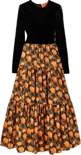 LA DOUBLEJ Big velvet and floral-print twill maxi dress