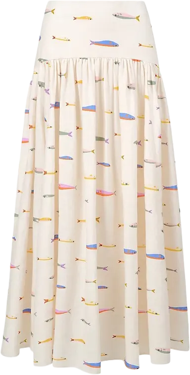 Staud Procida Fish-Print Linen Maxi Skirt