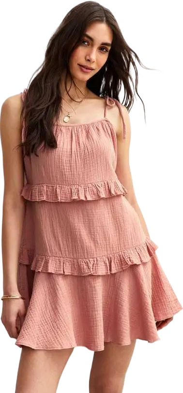 Pink Tie Strap Ruffle Trimmed Mini Dress